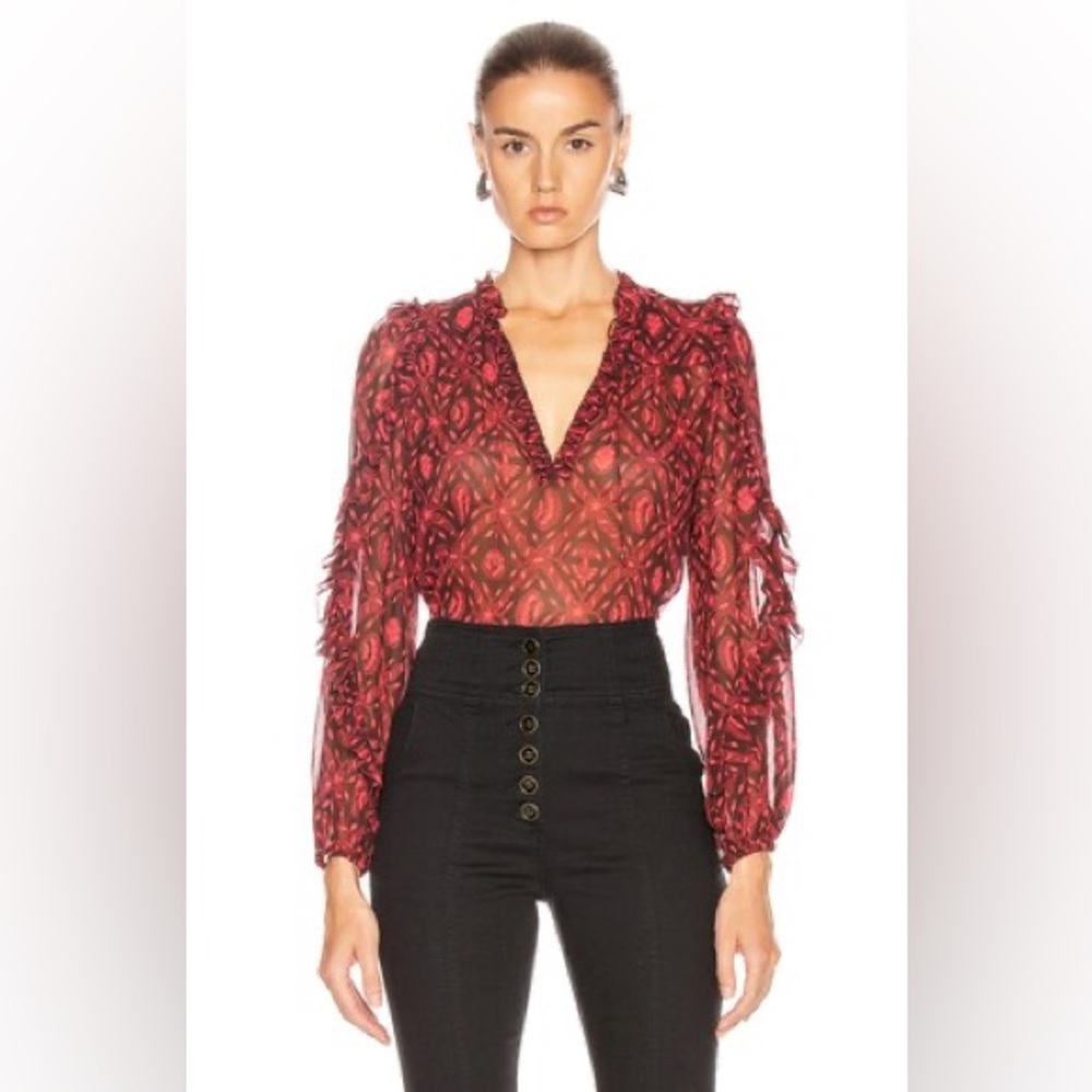 Ulla Johnson Red Patterned Long-Sleeve Sheer Blouse